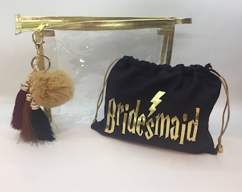 Harry Potter Makeup Bags, Custom Gold Trimmed Makeup bags, Cosmetic bags, Bridesmaid Gift, Bridal Shower Gift, Custom Bridesmaid Gift
