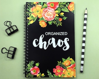 Writing journal, spiral notebook, bullet journal, cute journal, diary, sketchbook, black, floral, blank lined grid - Organized chaos