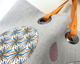 Tote bag in natural linen with orange & turquoise