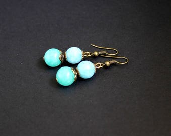 Blue gift earrings Aqua blue stones earrings Amazonite aquamarine earrings Aquamarine round earrings Amazonite round earrings Blue gemstone