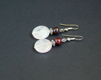 Pink red woman gift Girlfriend gift earrings Quartz small earrings Garnet stone earrings Circle stone earrings Rose quartz dangle earrings