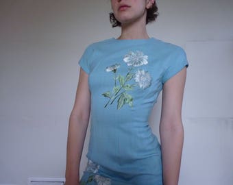 Vintage Tabak of California sky blue intricate flower embroidered dress