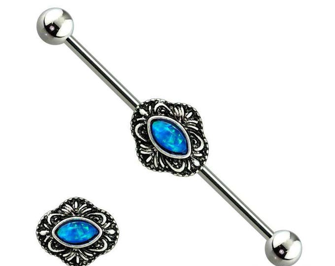 Antique Silver Glitter Opal Centered 316L Surgical Steel Industrial Barbell