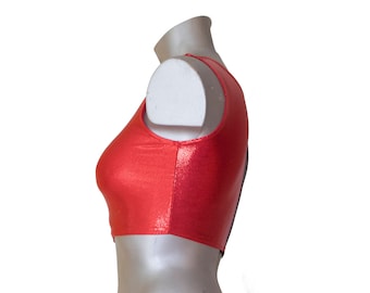 Harley Quinn cosplay costume top in metallic red and black shiny lycra , cosplay, dance ware, clubbing, burning man.