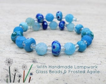 Beaded Glass Bracelet, Home made Lampwork Glass Beads, Blue Agate Frosted Gemstone, Beach Nautical Jewellery, Adjustable Surf Wrist Wrap