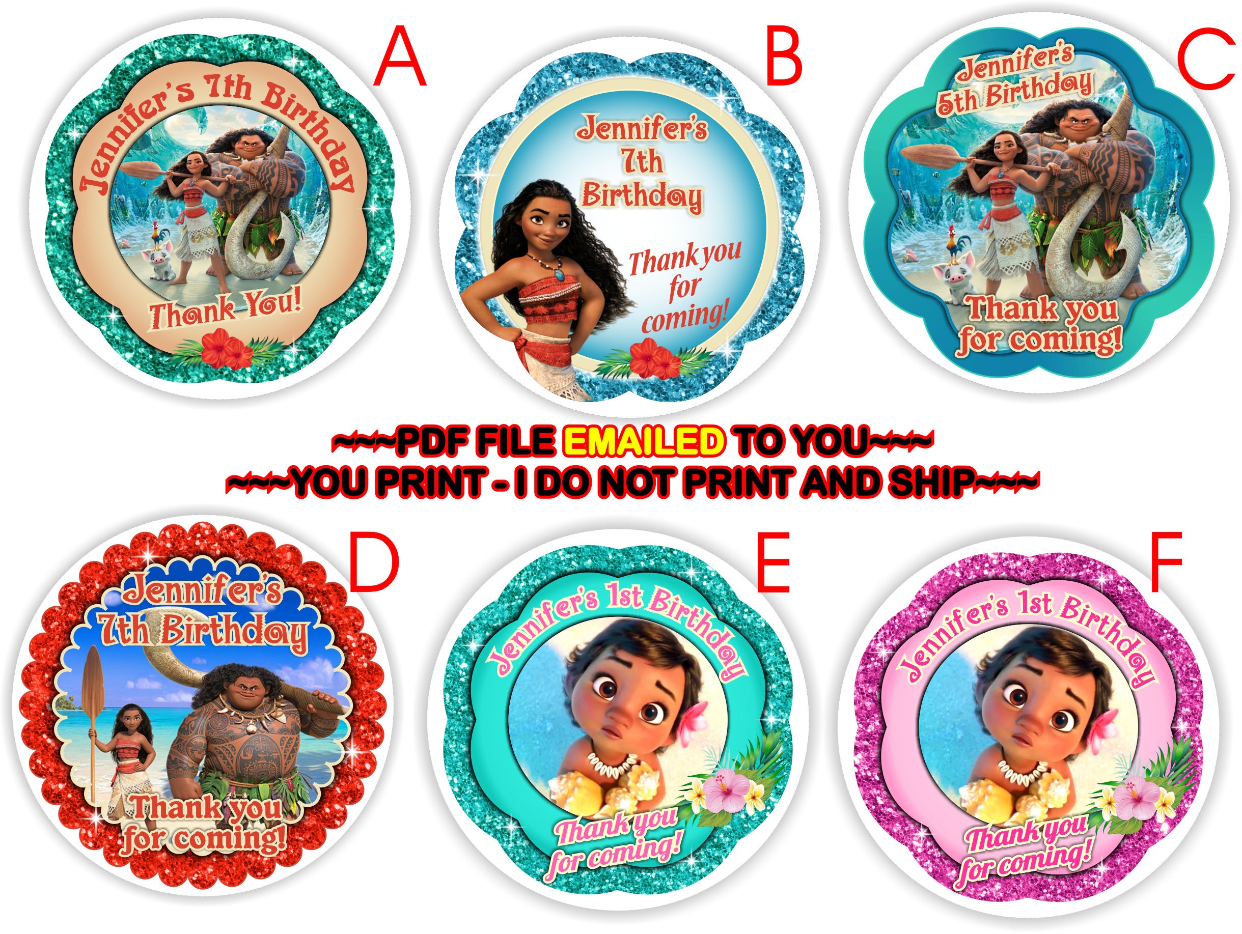 YOU PRINT- Moana Birthday Thank you Sticker, Moana Gift Tags, Moana ...