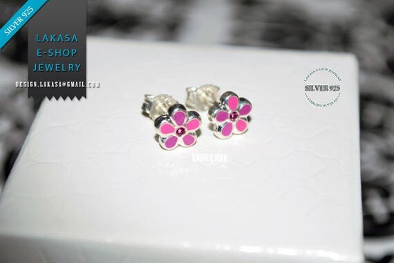 Purple Pink Enamel Flowers Studs Earrings Sterling Silver 925 Jewelry with Pink Zirconia Crystals lovely gift for her Woman Girls Collection