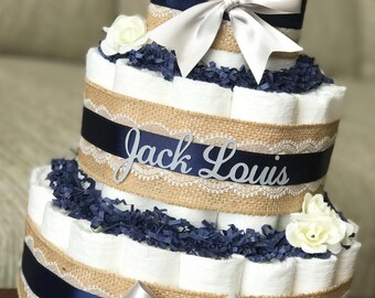 Rustic Navy Gray Diaper Cake Burlap Boy Baby Shower Shabby Chic Rustic Navy Gray Diaper Cake Burlap Boy Baby Shower Shabby Chic