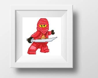 Lego ninjago Kai beginner cross stitch PDF pattern Kids room wall art decoration xstitch embroidery Point de croix needlepoint canvas