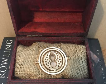 Harry Potter necklace in wooden trunk hermione granger time turner piece gold necklace in wooden vintage trunk gift box