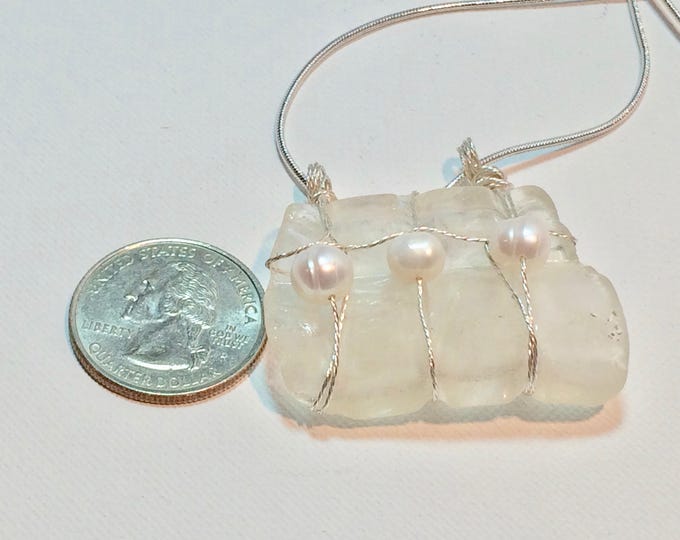 Statement Necklace-Beach glass-pearls- wire wrap-beach glass - unique shape - jewelry-necklace-pendant