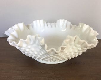 Vintage Fenton Milk Glass Hobnail Large Round Double-Crimped ed / Ruffled Edge Bowl 11.5" - wedding