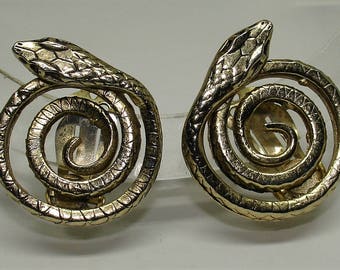 Vintage Whiting and Davis Earrings 3-D Coiled Snakes Signed Numbered Clip On Gold Tone 1950’s