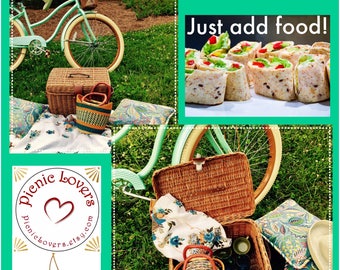 Wedding Gift - Picnic Basket Set for 4 - Vintage Tablecloth, Plates, Napkins, Napkin Rings - Removable Lake Sign - Glamping - Item #PL027