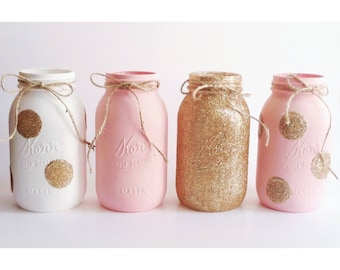 Pink and Gold Centerpieces, Pink Mason Jars, Gold Mason Jars