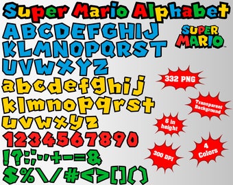 Super Mario Alphabet, Numbers and Symbols | 332 PNG | 300 dpi | Transparent Background | 4 Colors | Super Mario Birthday Party