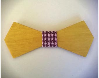 EDWARD. Nœud papillon en bois de buis, revêtu d’un tissu pied de poule bordeaux. . Pour Homme. Cadeau pour papa. Garçon d'honneur.
