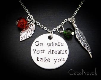 Go Where Your Dreams Take You Pocahontas Necklace | Feather Jewelry Hand Stamped Necklaces | Feather and Leaf Charm Necklace Earth Jewelry