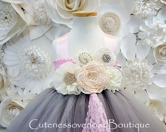 Dark Grey Sequin Organza Bustled Flower Tutu Dresses, Cheap Popular Flower Girl Dresses, FG053