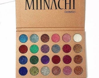 Miinachi Cosmetics 24K Pressed Glitter Palette 24 Colours Pigmented Water Proof Perfect Make Up Eyeshadow Party Gift No Glue Needed