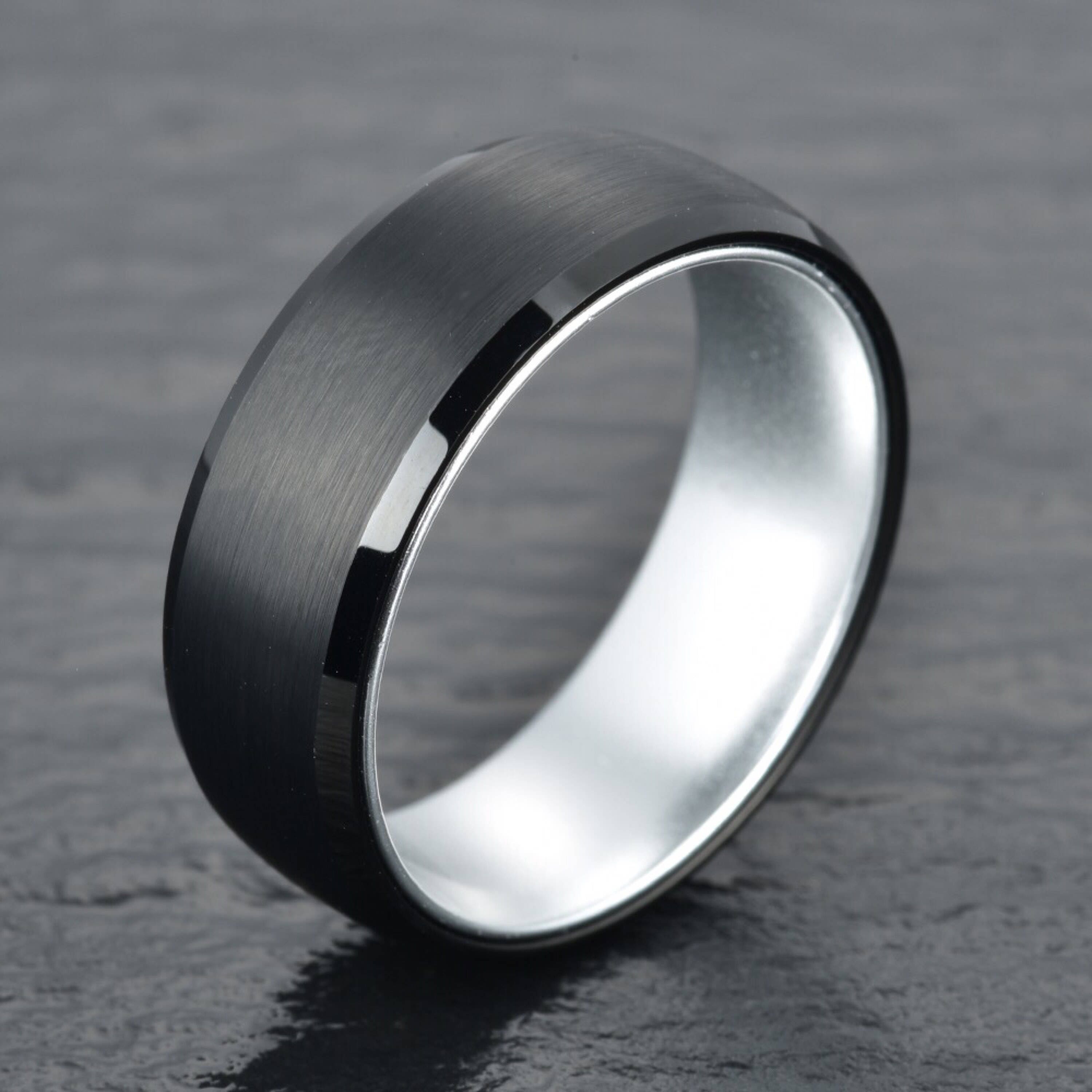Black Tungsten Ring Silver Anodized Aluminum Interior Mens 8MM