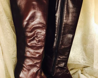 Vintage Tall Brown Leather Boots - Zipper - Size 4 Medium