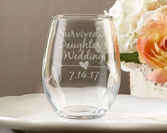 Mother of the Bride Gift Ideas - I Survived My Daughter's Wedding - Mother of the Bride Stemless Wine Glass - Engraved Wedding Wine Glass