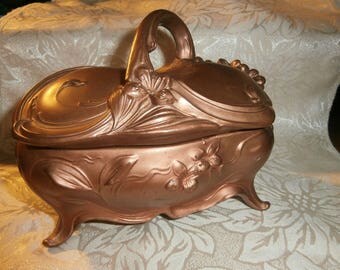 Jewelry Trinket Casket Copper Plated Spelter Repousse Floral Victorian Era