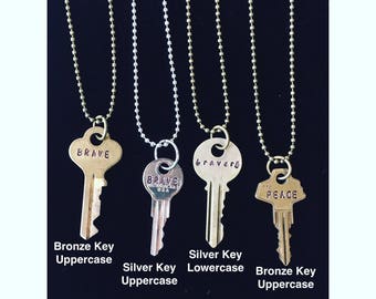 Custom Hand Stamped Key Necklaces/Key Necklaces/Personalized Key Necklace/Ornate Vintage Key/Best Friend Gift/Custom Engraved Word Key