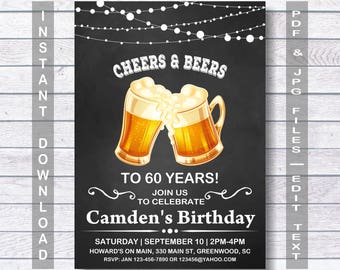 60th Birthday Invitation, Instant Download, 60th Birthday, Men, For a man, for him Mens 60th birthday invitation, Beer, beer mug, Printable