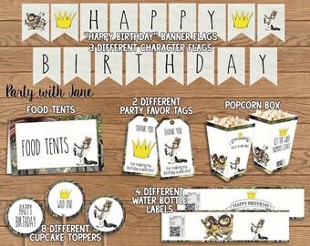 Where The Wild Things Are Party Decoration Pack Kit, Happy Birthday Banner Flags, Thank Tags Cupcake Toppers Food Tent Bottle Label Bunting