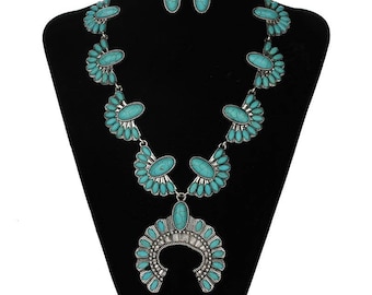 Fashion Navajo Turquoise Full Squash Blossom Necklace Set- WS1884SBTQS0087