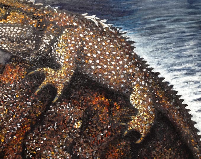 New Zealand Habitat, Oil Painting of Lizard 22X28 in, Animal Painting, New Zealand Pointillism Painting, Wildlife Painting, Reptile In Oil