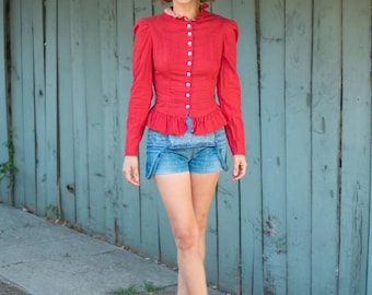 70s Button Blouse- Red Ruffles Extra Small XS S