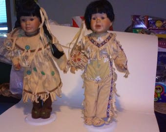 Native American Porcelain Dolls w/ Display Stands- Set of 2 - Brave/Squaw 15" Hi