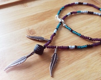 Boho necklace, boho jewelry, bohemian jewelry, beaded necklace, layering necklace, purple beaded, blue beaded,feather charm, dangle charm