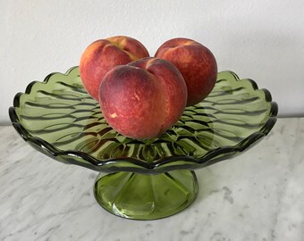 Vintage green pressed glass cake stand, glass cake plate, fairfield pattern, anchor hocking, boho wedding cake stand