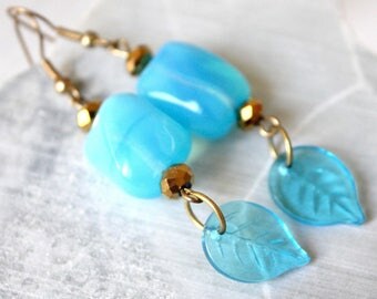 Blue leaf and Crystal Dangle Earrings.