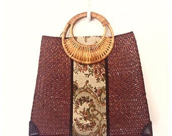 Boho Chic Tapestry Handbag, Autumn Handbag, Woven Straw Market Bag, Wicker Handle Bag, Rattan Bag, Straw Handbag, Tapestry Shoulder Bag