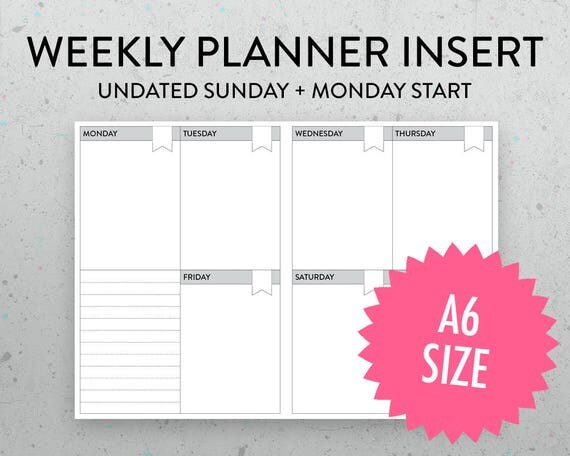 a6 undated weekly planner printable insert pdf sunday monday