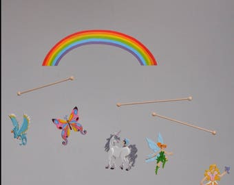 Mobile faerie princess wooden fairy, butterfly, Unicorn, bird of paradise and Rainbow