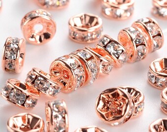 1 set of 5 spacer rings with Rhinestones in rose gold metal, 6 mm diameter, free shipping in france