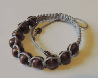 Grey woven bracelet with Brown wood beads