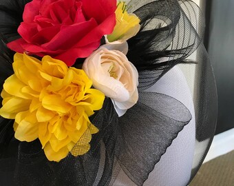 Fascinator with Black Mesh and Florals