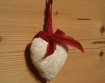 Beige and red heart shaped hanging decoration