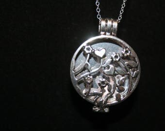 Silver Circle Heart Flowers Necklace and Lava Bead Bracelet set for Aromatherapy Essential Oils