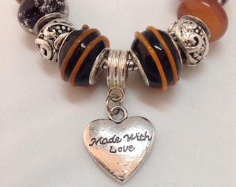Made with Love Earthy Tones Charm Bracelet / Love Heart Silver Charm / 3D Lampwork Murano Glass Beads / Anniversary or Birthday gift for her