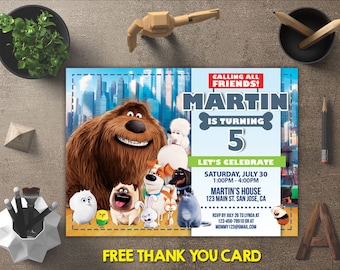 Secret Life of Pets Invitation, Secret Life of Pets Birthday, Secret Life of Pets Invites, Party Printables, FREE 4x6 Thank You Card