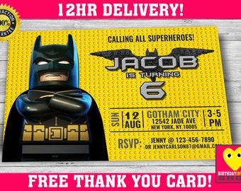 Batman LEGO Invite with FREE Thank you Card! Lego Batman Birthday, Lego Batman Invitation, Lego Batman Party, Lego Batman Birthday
