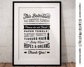 Bathroom Sign Sensitive Plumbing (no Septic System) - Do Not Flush toilet sign - PDF JPG PNG - Printable Digital Artwork - instant download